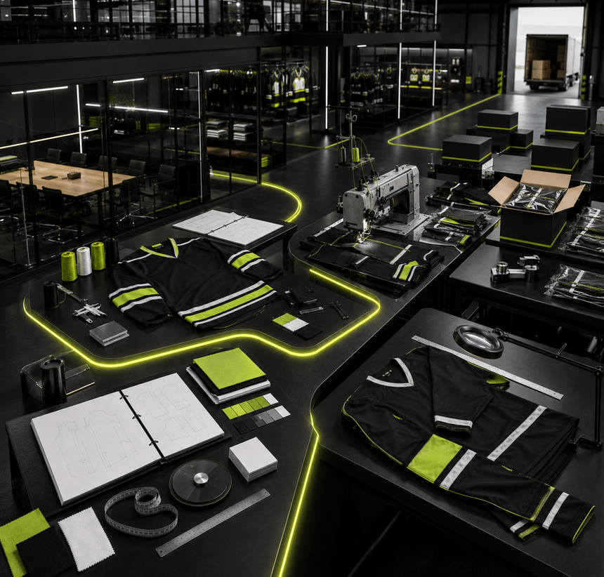 Crossports manufacturing floor for custom ice hockey uniforms